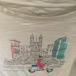 Talbots Petite Cream Graphic Tee with Teal & Pink Illustration